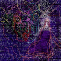 a purple drawing of a woman sitting on a chair