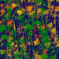 a painting of green and orange flowers on a dark background