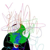 a drawing of a man with green and blue scribbles