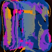 a purple, blue, yellow, and orange painting on a black background