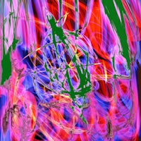 an abstract painting with red, blue, and purple colors