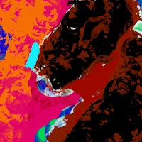 a painting of a black bear with a colorful background